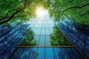 Sustainable Glass Office Building in Modern City with Green Environment for Carbon Reduction and Eco-friendly Design