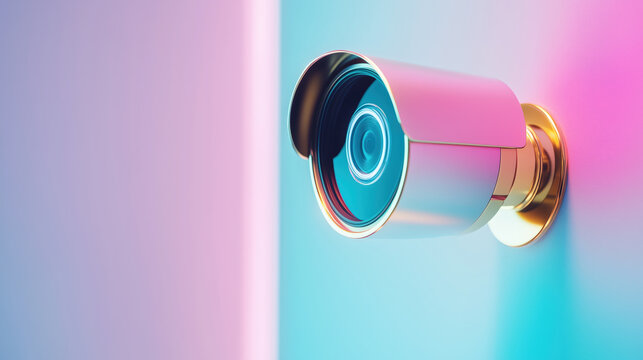 Retro futuristic CCTV camera with a large lens, chrome finish, and vibrant colors. 