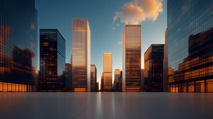 Obraz premium Contemporary cityscape featuring sleek glass buildings, glowing under the warm hues of sunset, reflecting innovation and modernity. 