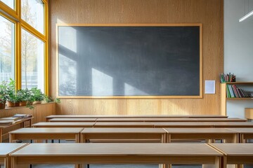Modern Classroom Interior with Blackboard and Copy Space for Back to School Education Supplies