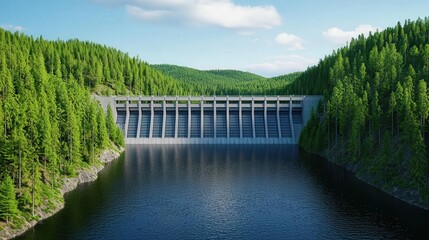 Fototapeta premium A detailed 3D render of renewable energy infrastructure integrated into nature: solar panels, hydroelectric dams, and lush greenery