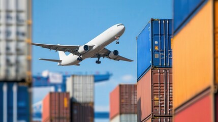 A cargo plane flying over tariff zones highlighted in vivid colors, showing the complexity of international trade