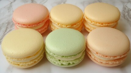 Fototapeta premium Colorful French Macarons Arrangement on a Marble Background