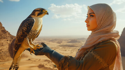Determined Young Saudi Falconer With Sparkling Eyes Masters Noble Bird Against Endless Desert Horizon. Female empowerment concept