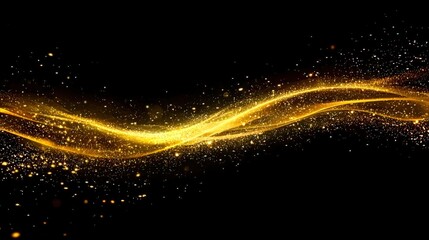A magical, glowing abstract light trail on a black background, with shimmering golden particles flowing in a wave-like pattern