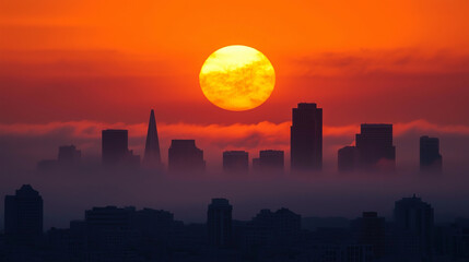 city skyline shrouded in smog with rising sun glowing orange