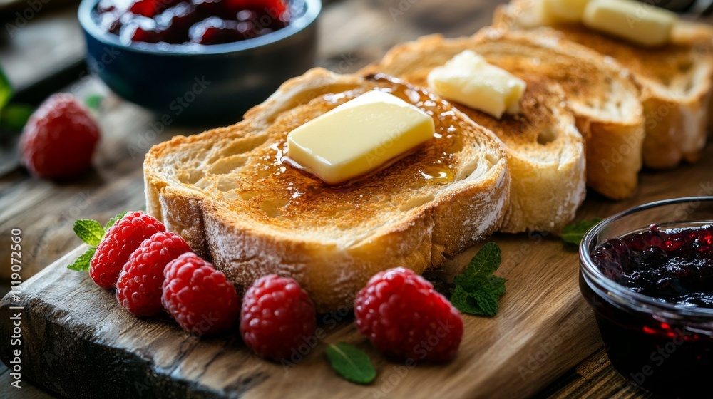 Poster delicious toast with butter and jam on rustic wooden table