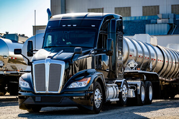 Black high cab big rig semi truck tractor with tank semi trailer for transporting liquid and...