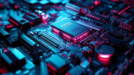 Obraz premium Modern computer circuit board with vibrant lighting and intricate components