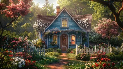 Fototapeta premium a picture of a charming spring cottage with a blooming garden, picket fence, and sunny windows