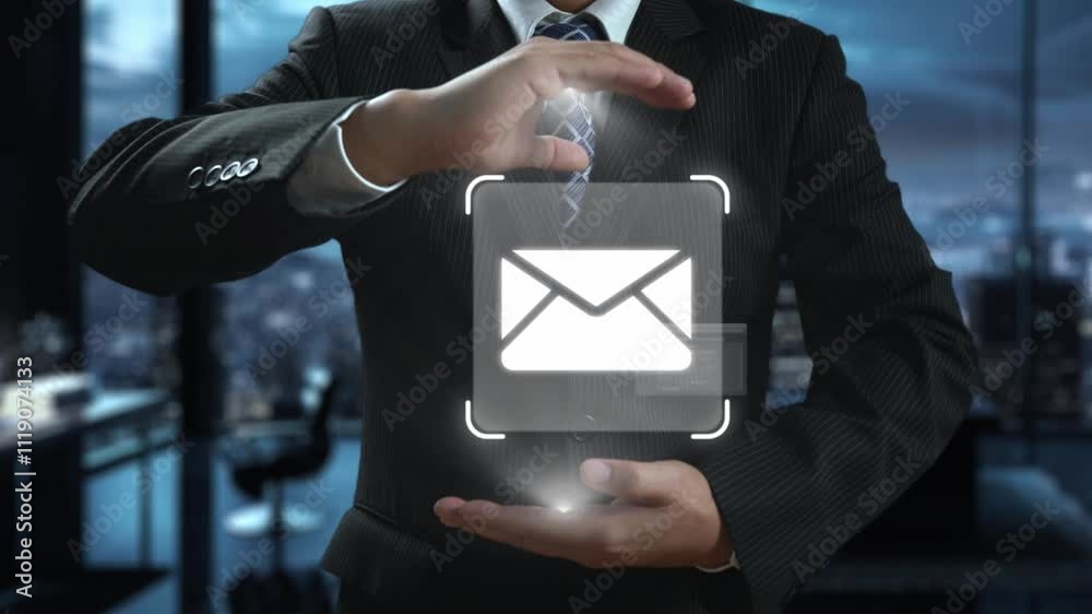 Poster business person checking email inbox, organizing and prioritizing messages for better productivity. 