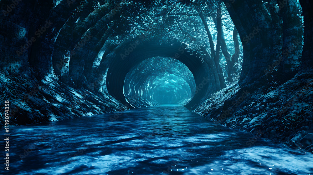 Poster a serene, mystical tunnel of trees over a flowing river, illuminated by an ethereal blue light, crea