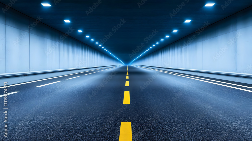 Aufkleber a dimly lit tunnel with a long, straight highway, illuminated by overhead lights, creating a sense o