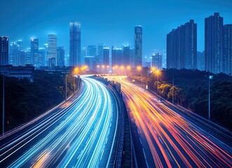 Obraz premium Night cityscape with illuminated highway and fast-moving traffic streaks, showcasing modern architecture and urban dynamism.