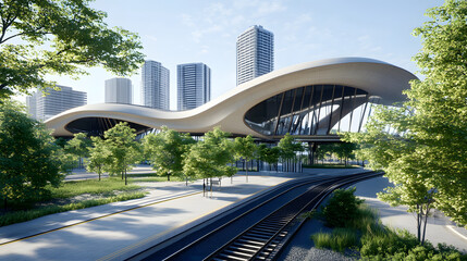 Naklejka premium A modern train station with a sleek, wavy roof design, surrounded by greenery and urban buildings, showcasing a blend of architecture and nature
