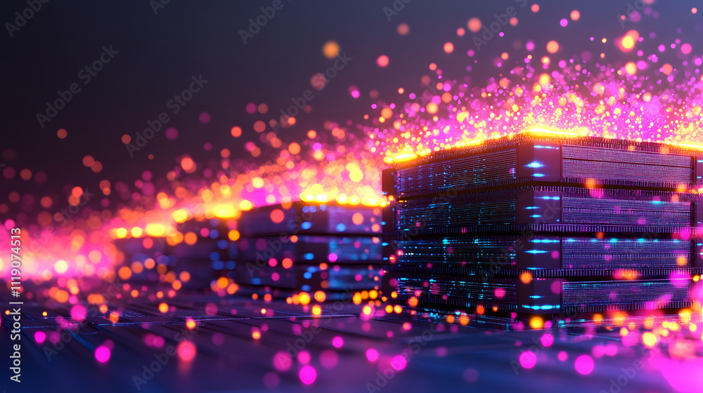 Poster a vibrant, abstract representation of stacked technology, illuminated by colorful sparks and lights,