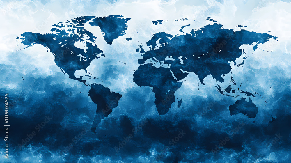 Poster a stylized world map in shades of blue, featuring a textured background that suggests depth and move