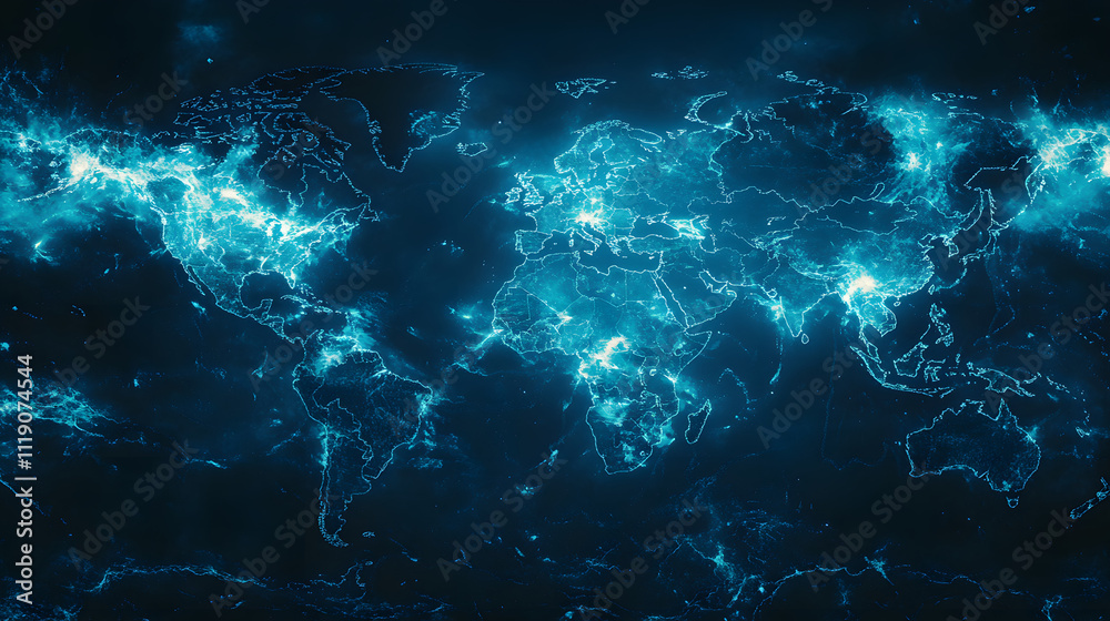 Poster A vibrant, digital representation of the world, showcasing interconnected networks and glowing lines across a dark background, symbolizing global connectivity