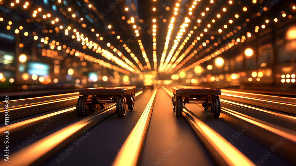 Aufkleber A vibrant, dynamic scene featuring illuminated tracks and two carts, creating a sense of movement through a tunnel of lights