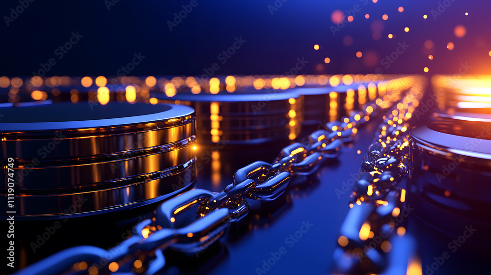 Poster a visually striking image featuring metallic coins glistening in a blue and orange light, connected 