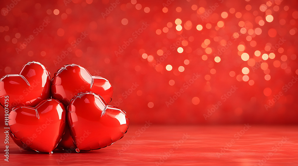 Poster a cluster of shiny red hearts against a vibrant red background, decorated with soft bokeh lights, ev