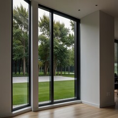 A modern, minimalist house window designed for interior decor, featuring an open office-style glass...