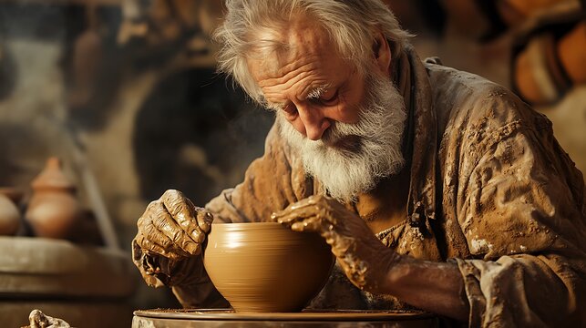 Elderly potter shaping clay pot on wheel. (1)