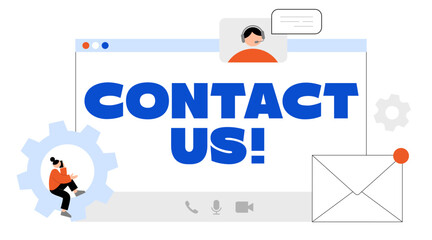 Lettering Contact Us! in browser with gears and envelope text