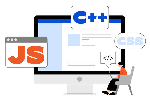Lettering C++/JS/CSS with code sign and computer monitor text