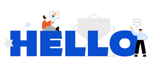 Lettering Hello! with waving hand and envelope text