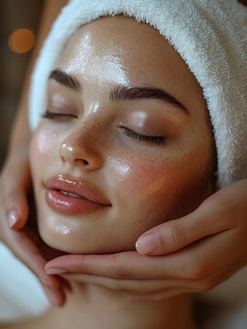 close-up, doctor's hands massaging a woman's face, soft lighting