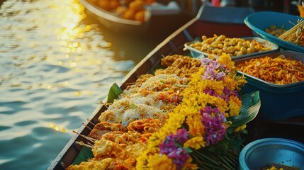 Delicious Asian Street Food Floating Market Sunset Boat Cuisine