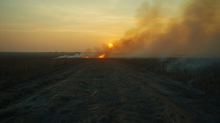 Fototapeta premium Sunset Over Fiery Field with Smoke and Landscape in Background