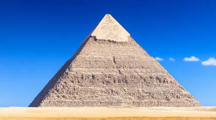 Majestic Pyramid of Giza under a vibrant blue sky. An iconic symbol of ancient Egypt, standing tall against the vast desert landscape. A timeless monument to history and human ingenuity. 