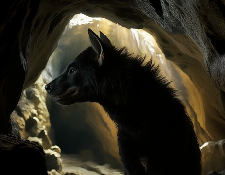 Young Hyena with Dark Fur in a Cave