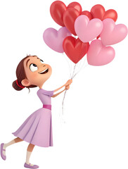 kawaii girl with heart-shaped balloon bouquet, smiling for Valentine’s Day.