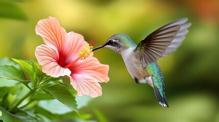 Naklejka premium Hummingbird feeding on a pink hibiscus flower in a garden.
