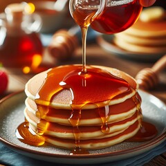 53 Syrup Pour A close up shot of syrup being poured onto a stack