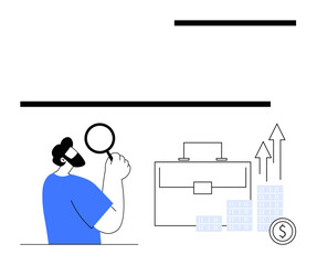 Person examining growth data with magnifying glass beside briefcase, upward arrows, and stacked coins. Ideal for business analysis, market research, financial growth, investment strategies, economic