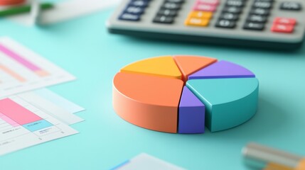 Colorful Pie Chart on Desk with Calculator and Paper Documents
