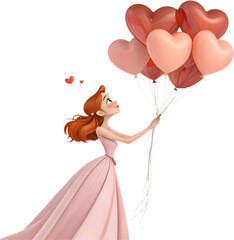 kawaii girl with heart-shaped balloon bouquet, smiling for Valentine’s Day.