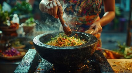 Authentic Asian Street Food Cooking Spicy Herb Mix in Mortar