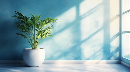 Fototapeta premium Sunlit plant in a white pot against a blue wall.