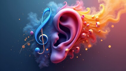 a colorful illustration of a stylish ear intertwined with musical notes and a treble clef. The stylish ears display a swirling pattern that emits a range of colors from blue and purple to red and yell