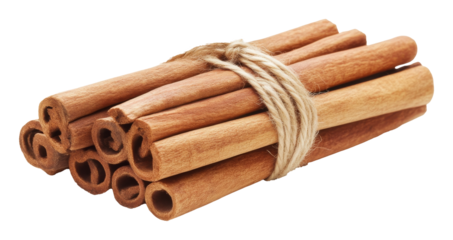 Bundle of cinnamon sticks tied with twine on transparent background, herbal and culinary spice concept