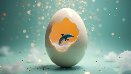 split egg floating in mid-air. The upper part of the egg is gently lifted, revealing a small dolphin jumping out of the water inside the egg