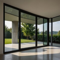Fototapeta premium A sleek, house window for interior design, showcasing an open glass frame ideal for office spaces, isolated on a neutral background.