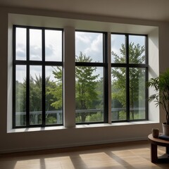 Fototapeta premium A sleek, house window for interior design, showcasing an open glass frame ideal for office spaces, isolated on a neutral background.