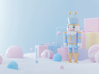 Whimsical nutcracker figurine design pastel tones snowflakes candy treats festive decorations cheerful Christmas holiday illustrations seasonal art decor 3d toy render cartoon figure game decor card