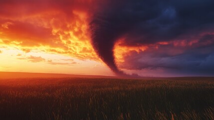 A tornado moving across a prairie at sunrise, with the early morning light casting long shadows and the sky filled with a mix of orange hues and dark storm clouds